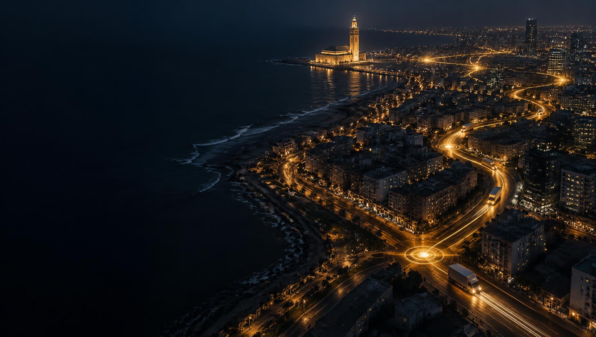 Casablanca la nuit avec routes de livraison dorées, vue aérienne DealGate Delivery